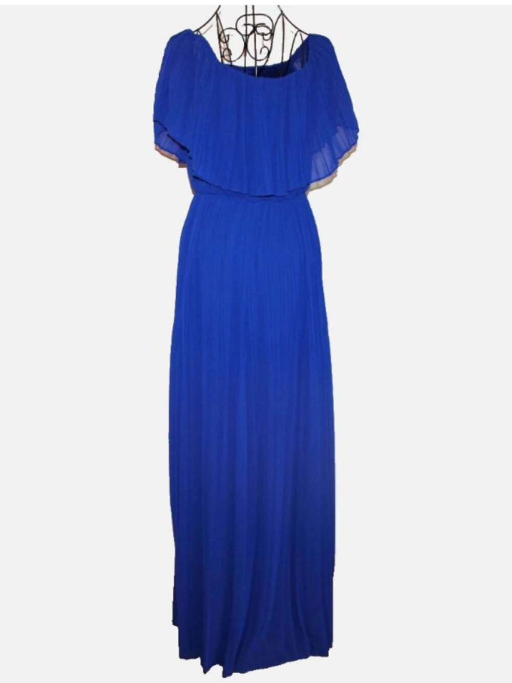 NWT Premier Amour Royal Blue Pleated Maxi Dress Chiffon Capelet Overlay Sz 6